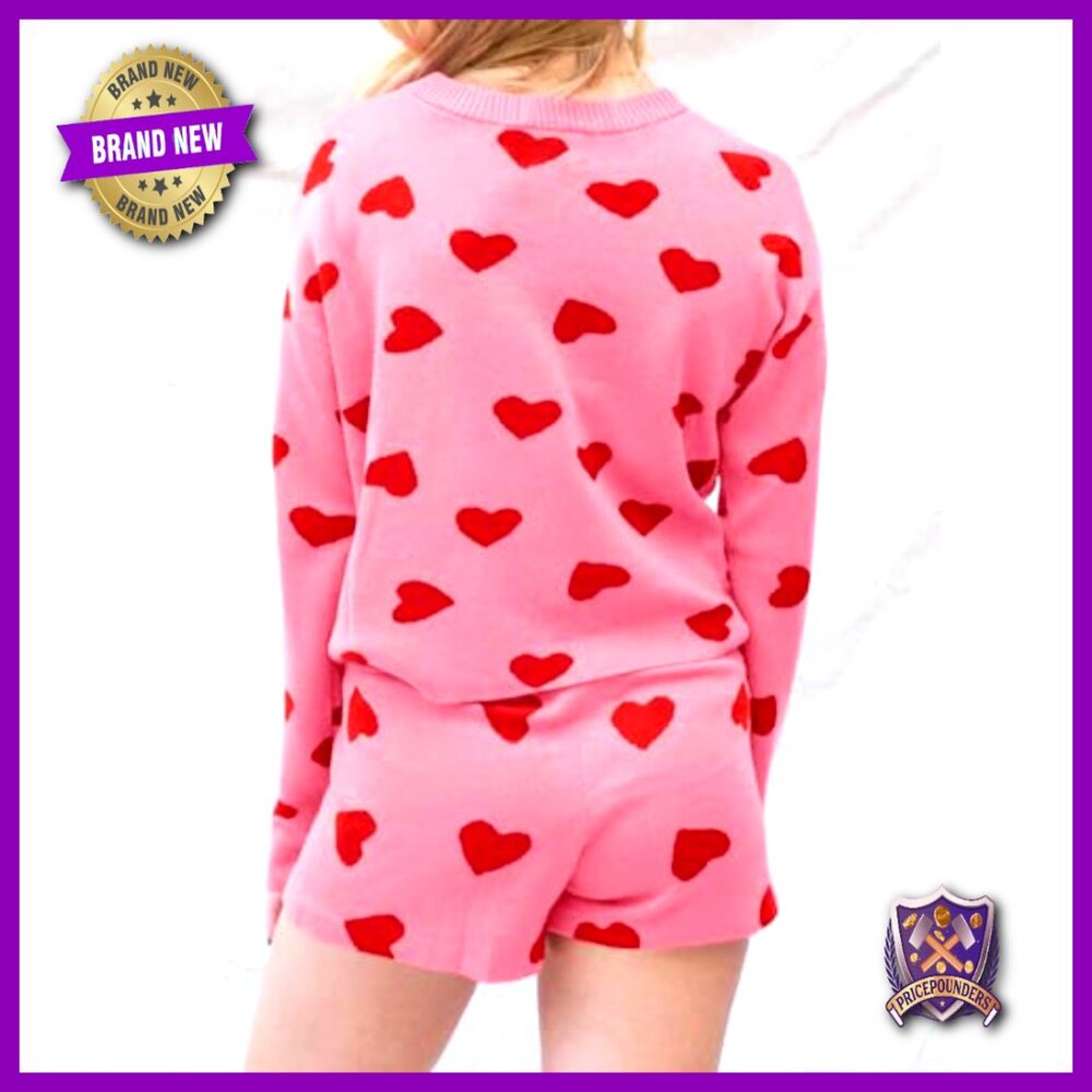 Womens Heart Print Lounge Set Long Sleeve Sweater and Shorts 2 Piece Outfits - Picture 4 of 5